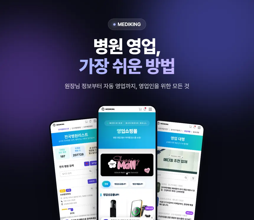 병원 영업이 가장 쉬워지는 메디킹 — 전국 병원 정보·자동영업·전용 쇼핑몰